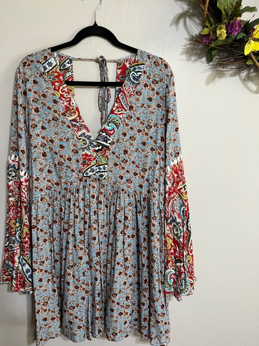 🌾Umgee Blue Floral Boho Long-Sleeve Mini Dress with Red Paisley Trim